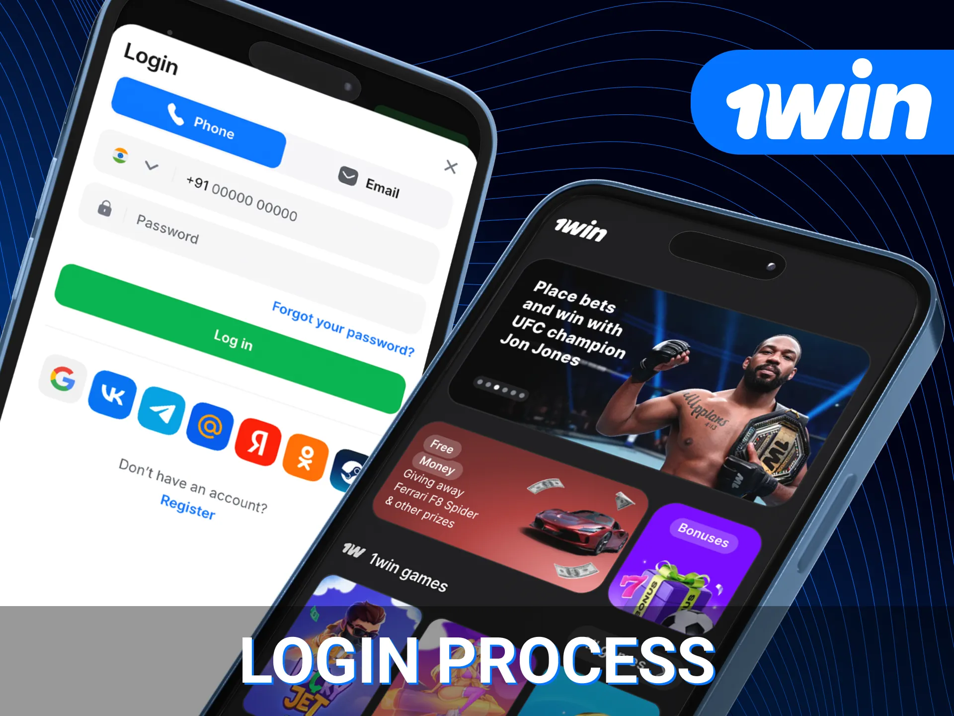 Enter your email to log in to the 1win online casino app.