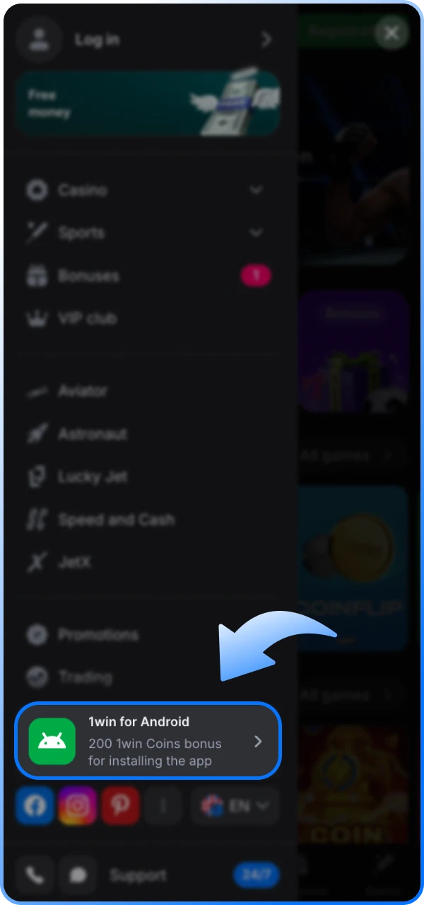 Find the button to start installing the 1win online casino app on your Android phone.