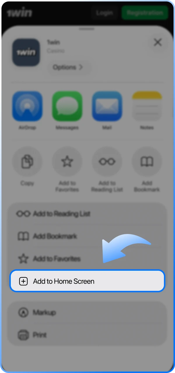 Add the 1win online casino app to your iOS phone's home screen.