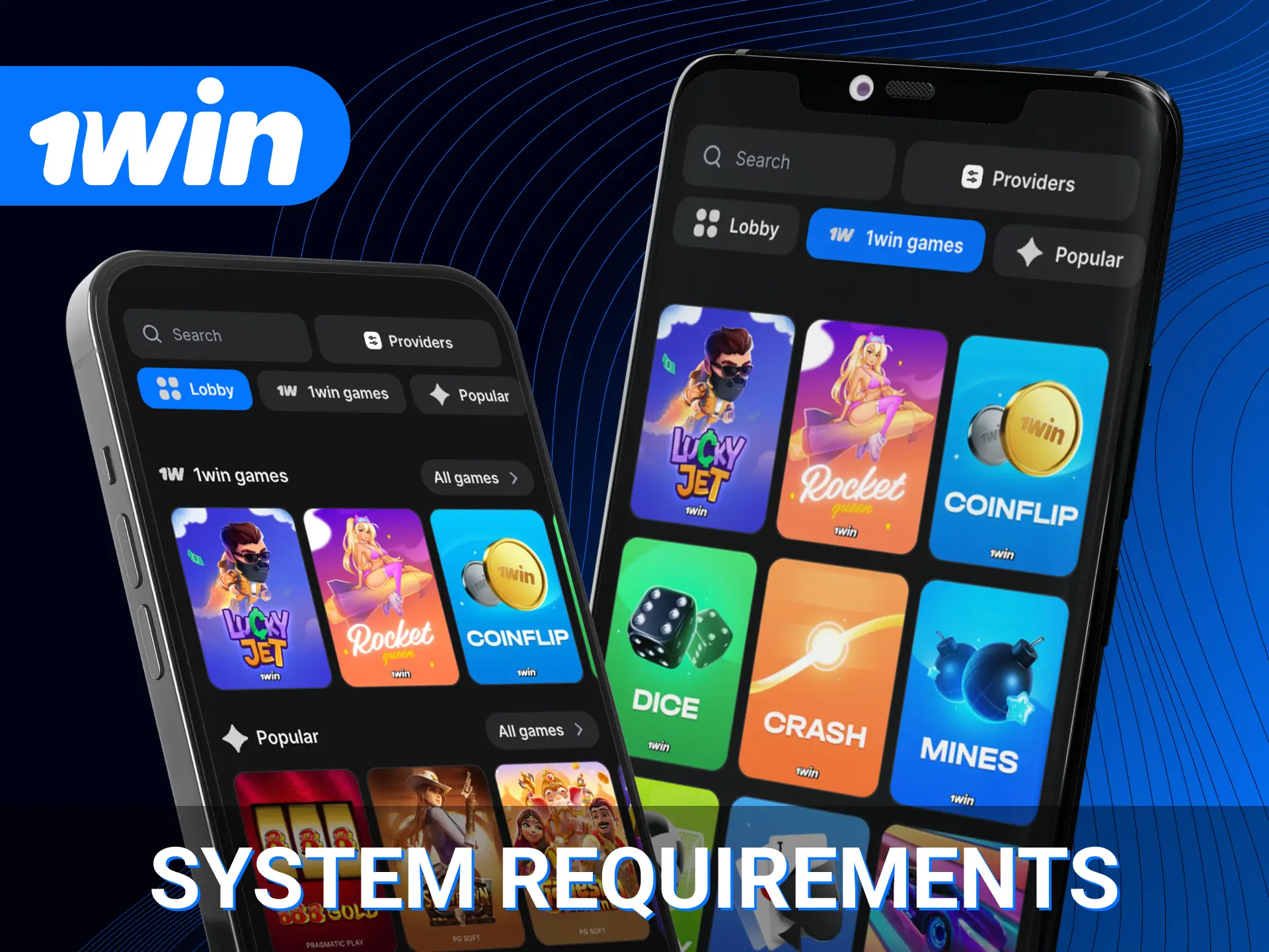What system requirements does a phone need to have to install the 1win online casino app.