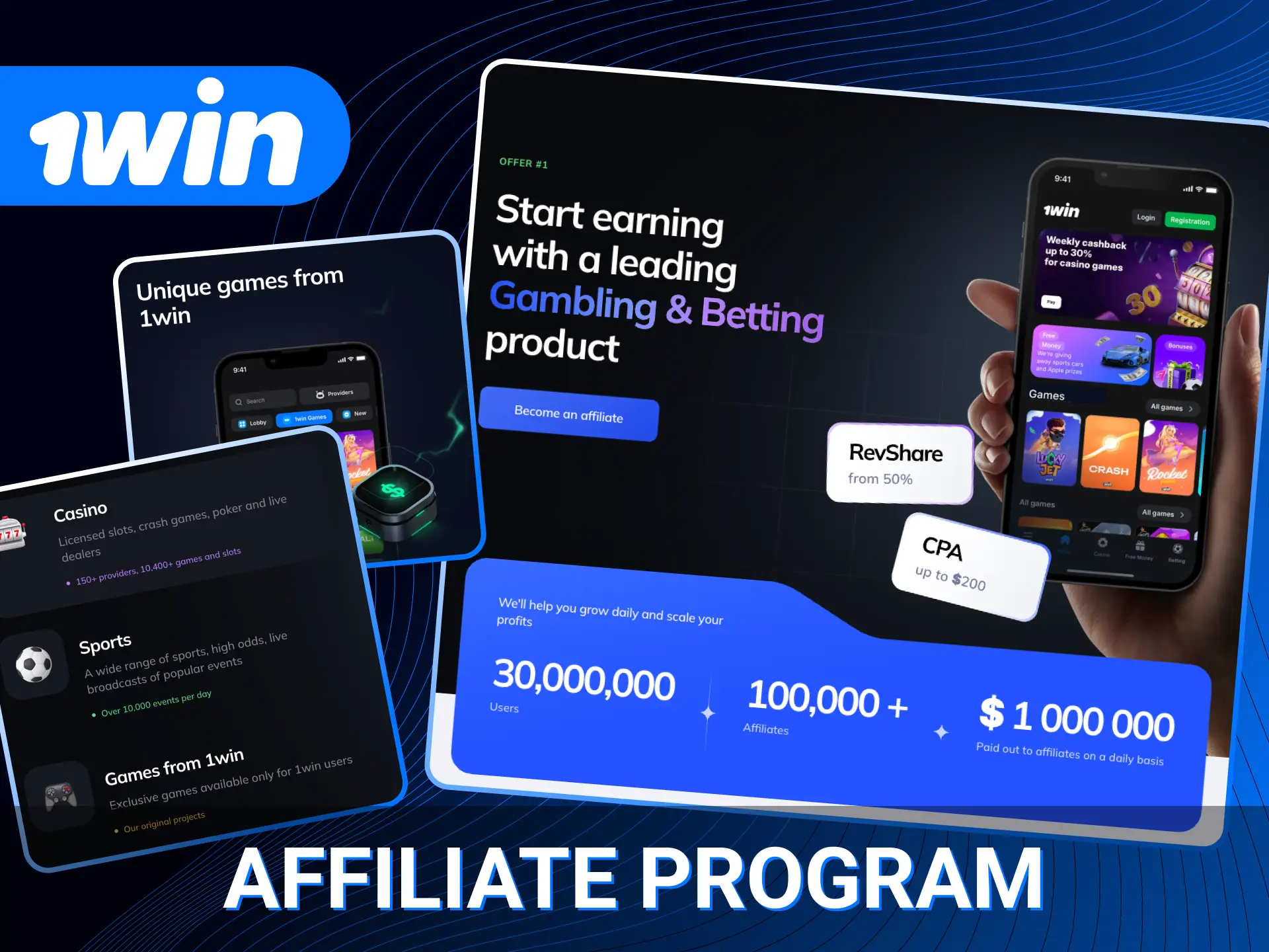 Become a partner of 1win online casino and receive your benefits.