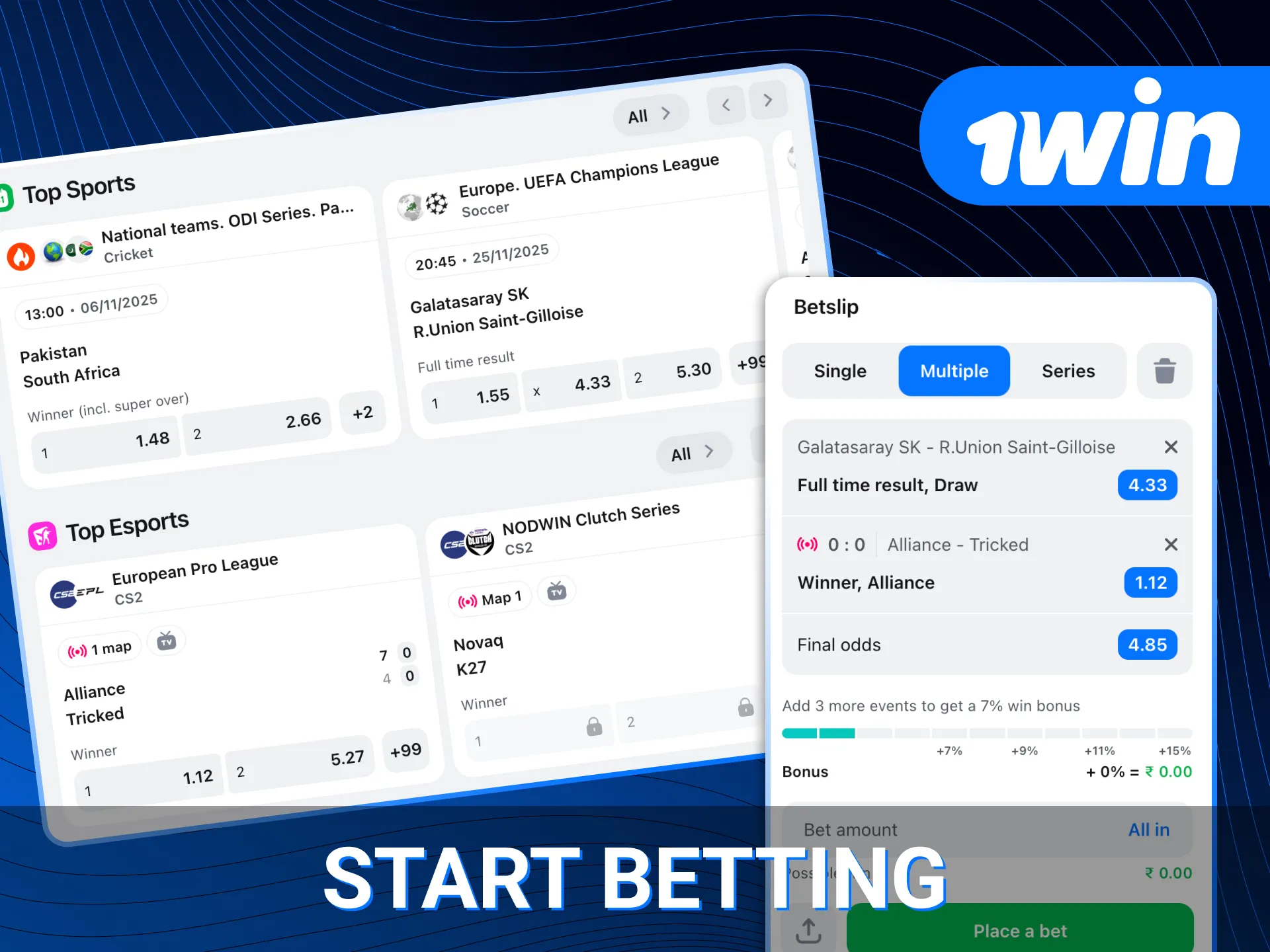 Log in to the 1win online casino to start placing bets.