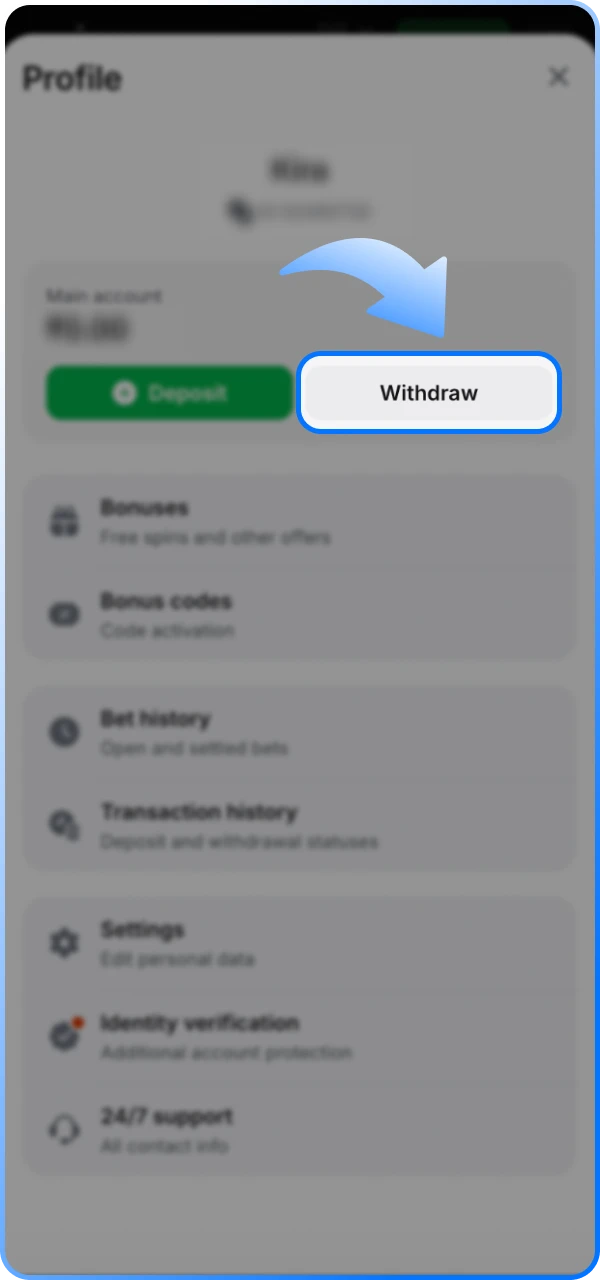 Find the withdrawal button on the 1win online casino website.