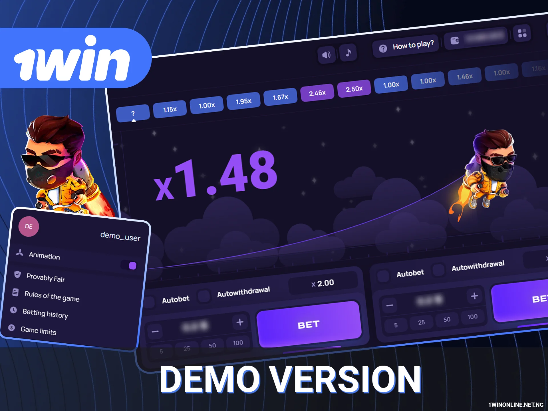 Test Lucky Jet demo on 1win site.