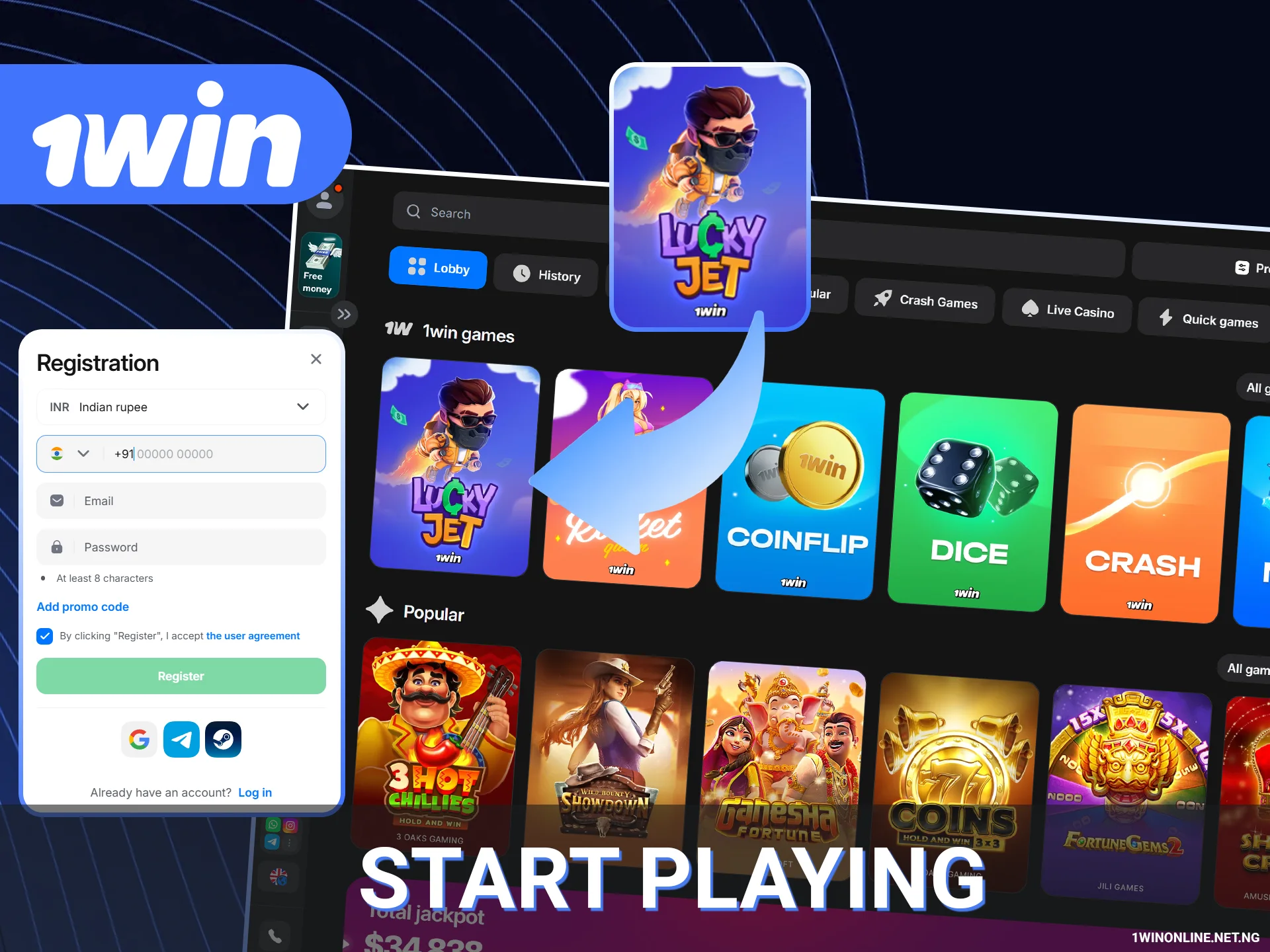 Begin Lucky Jet session on 1win site.