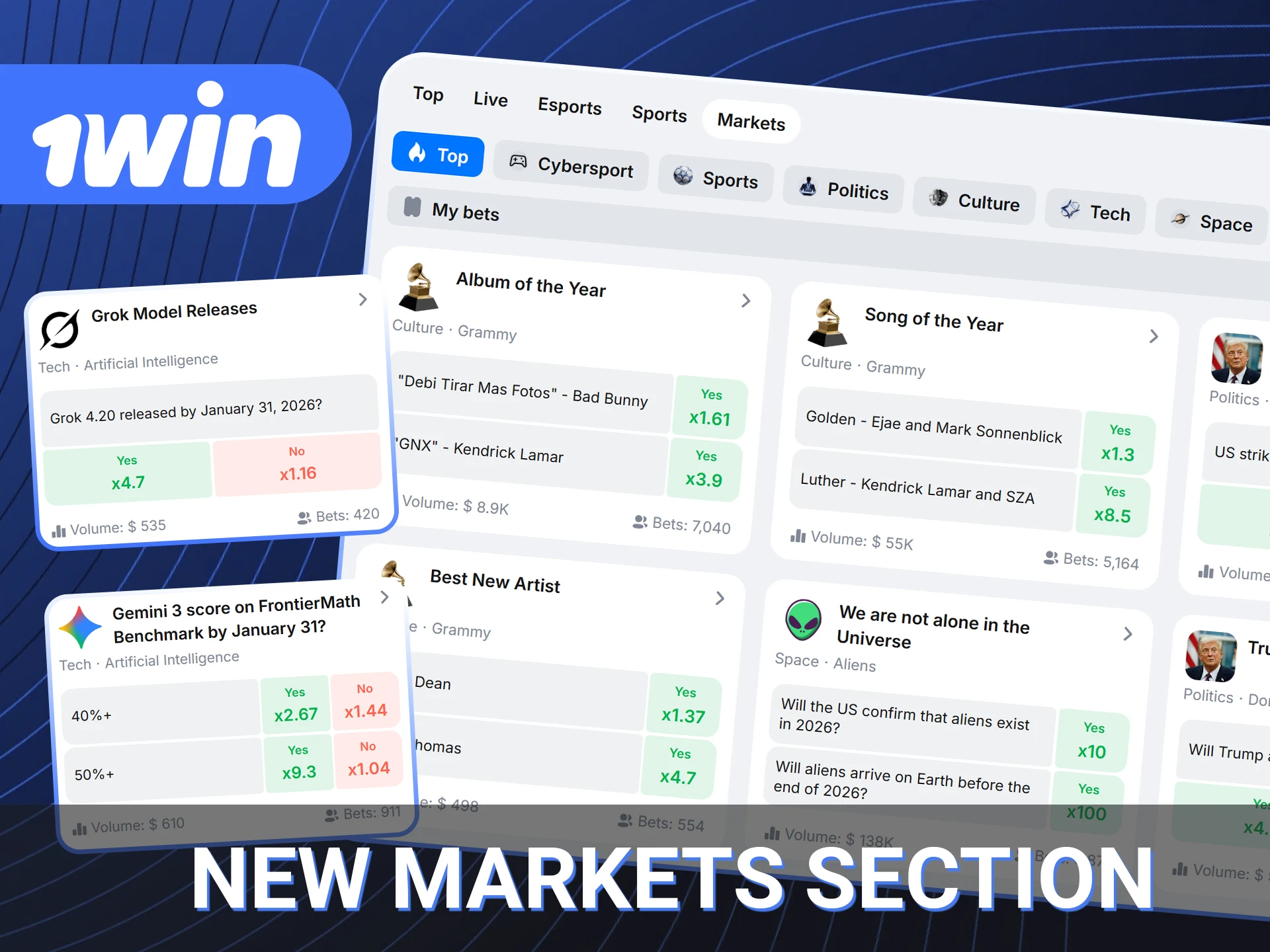 Bet on Sports, Politics and Cybersport via the official 1win website today.