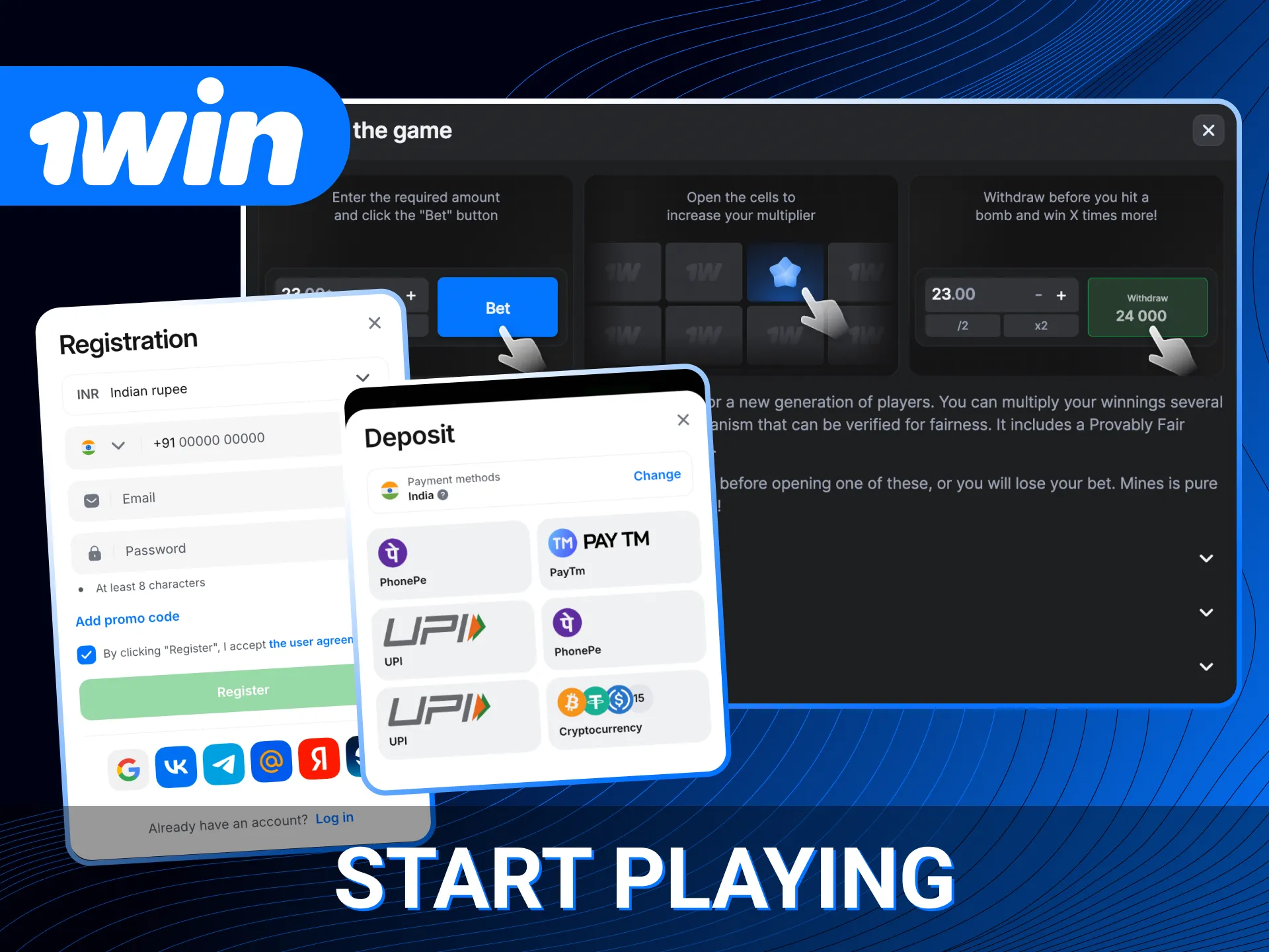 Follow the simple steps to begin your 1win Mines session.
